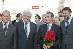 From left: Vittorio Brancati (mayor of Gorizia), Mirko Brulc (Mayor of Nova Gorica), Romano Prodi (member of the European Commission) and Dragan Valenčič (mayor of Šempeter-Vrtojba); during the ceremony of the fall of the border (2004)