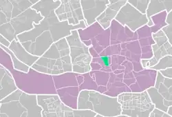 Map of the area showing Rotterdam in purple/pink and Nieuwe Westen in green