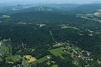 Aerial image of Roundtop Mountain, with the resort visible