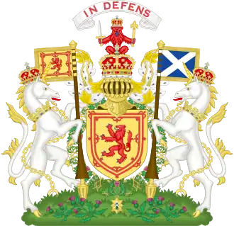 The full armorial achievement of the arms of the Kingdom of Scotland (before the Union of the Crowns)