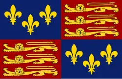 Royal Standard of England 1411-1553 and 1559-1603 it also the command flag of the monarch or their deputy the lord admiral when on board ship at sea..