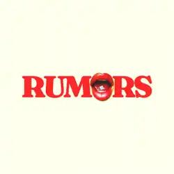 Off-white/beige background with the word "Rumors" written in red at the center. The letter "O" is replaced by an open mouth with red lipstick and a gum on the tongue.
