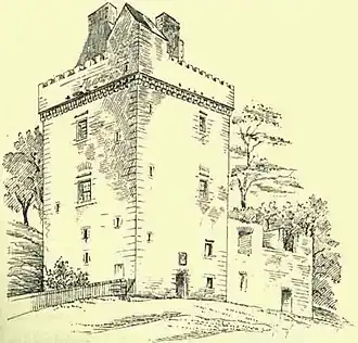 A line drawing of a tower house