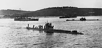 Both members of the U-3 class, SM&nbsp;U-3 (front) and SM&nbsp;U-4 (right rear), are seen here in this undated photograph.