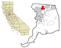 Location in Sacramento County (on the right side) and of Sacramento County in the state of California (on the left side)