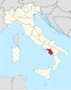Map highlighting the location of the province of Salerno in Italy