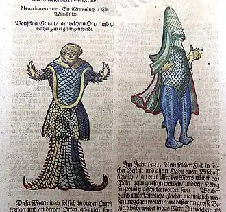 #1 ( 1546), Painted woodcuts of the sea monk (#1; left) and sea bishop (the latter also thought by some to be based on a giant squid), issued in 1669 and based on Conrad Gessner's originals from 1558 (themselves based on Rondelet's).
