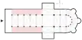 The nave-aisles in this plan view of a cathedral are shaded pink; the arcade pillars are black dots
