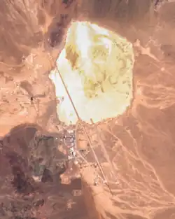 A satellite image taken in 2022 captured by Sentinel-2 of ESA showing the base with Groom Lake just to the north-northeast