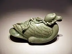 Goryeo celadon exhibited at the National Museum of Korea. This is a water kettle for calligraphy from the 12th century AD.
