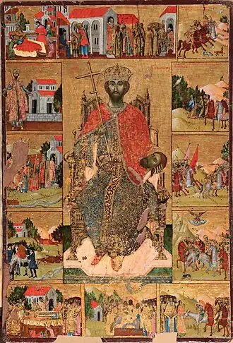 Saint Jovan Vladimir, a 1739 icon from the Ardenica Monastery in Albania, was painted by Kostandin Shpataraku.