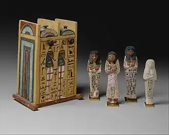 Four ushabtis of Khabekhnet and their box; 1279–1213&nbsp;BC; painted limestone; height of the ushabtis: 16.7&nbsp;cm; Metropolitan Museum of Art