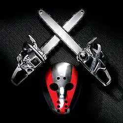 The background is a dimly-lit, black diamond plate. On it, a black and red hockey mask, under two crossed chainsaws is depicted.