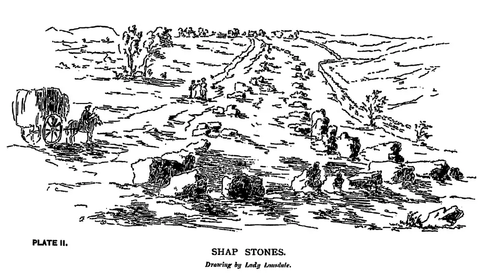 A black and white sketch of a stone avenue terminating in a stone circle, called Shap Avenue, Kemp Howe