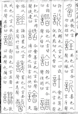 page of a Chinese dictionary, with headings in seal script and entries in conventional script