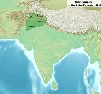 The Sikh Empire c. 1839, at the time of Ranjit Singh's death
