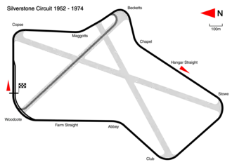 1952 to 1974: following the relocation of the pits area. Track length: 4.711&nbsp;km. Lap record: Ronnie Peterson, Lotus-Ford, 1:16.3 (1973 British Grand Prix). This configuration was used by Grand Prix motorcycle racing until 1986.