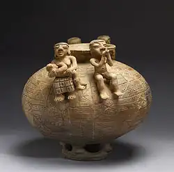 Olla with annular base and modeled figures; 500–1550; ceramic yellow-ware; height: 28.6&nbsp;cm (11.2&nbsp;in); width: 31.8&nbsp;cm (12.5&nbsp;in); Walters Art Museum (Baltimore, USA)