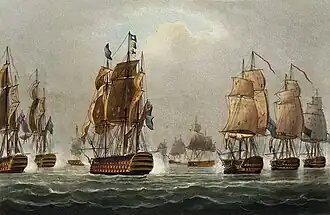 Defiance, Windsor Castle, Prince of Wales, Repulse, Raisonable, and Glory, an engraving after Thomas Whitcombe