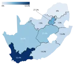 The Democratic Alliance (South Africa) performance by region in the 2024 South African general election.