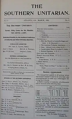 Cover ot the March issue of Southern Unitarian