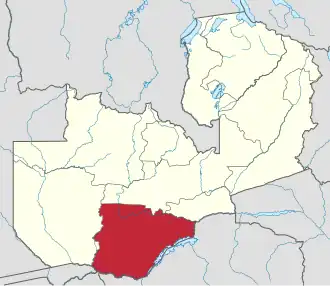 Map of Zambia showing the Southern Province