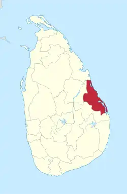 Area map of Batticaloa District, located along the east by north coast, in the Eastern Province of Sri Lanka