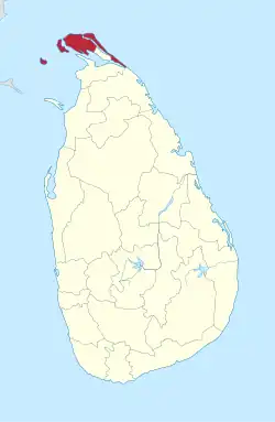 Area map of Jaffna District, in the peninsula to the north, in the Northern Province of Sri Lanka