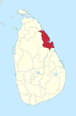 Area map of Trincomalee District, along the north eastern coast with its south western border extending inwards, in the Eastern Province of Sri Lanka