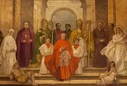 Mural painting of various religious figures together, with a cardinal in the center
