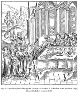 State Banquet. Serving the Peacock. Facsimile of a woodcut in an edition of Virgil, folio, published at Lyons in 1517.