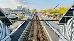 Looking down at the platforms and tracks