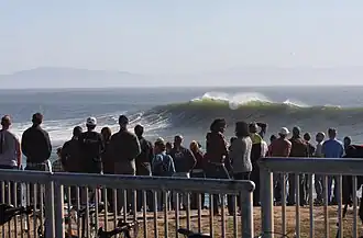 A crowd watches the waves at Steamer Lane