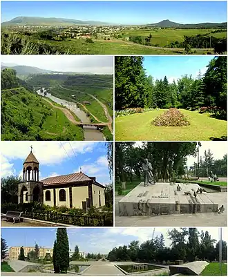 From top left: Panoramic view of Stepanavan Dzoraget River&nbsp;• Stepanavan Dendropark Surp Sarkis Church&nbsp;• Memorial to Sos Sargsyan Stepanavan central square