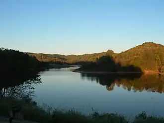 A lake with a forest in the background, which is reflecting upon the water.
