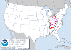 February 11 probabilistic damaging wind graphic issued at 20:00 UTC