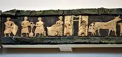 Sumerian scene, milking cows and making dairy products. From the facade of the Temple of Ninhursag at Tell al-'Ubaid, Iraq, Iraq Museum