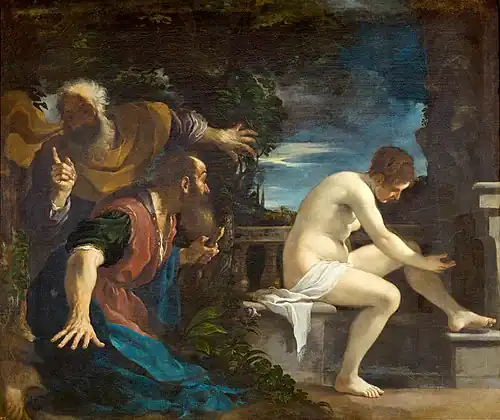 Susanna and the Elders (1617, oil on canvas, 176 × 208&nbsp;cm, Museo del Prado, Madrid, Spain) was painted in Bologna for Cardinal Alessandro Ludovisi, the future Pope Gregory XV.[38] The dramatic dynamism of this early work contrasts with the studied classicism of the artist's later depiction of the same story in 1649–1650.[39]
