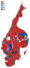 Cartogram of the map to the left with each municipality rescaled to the number of valid votes cast.