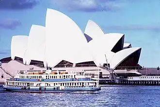 Kosciusko passing the newly opened Sydney Opera House in Public Transport Commission colours, 25 October 1973