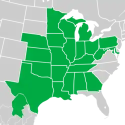 Symphyotrichum drummondii native distribution: Mexico — Coahuila; US — Alabama, Arkansas, Georgia, Illinois, Indiana, Iowa, Kansas, Kentucky, Louisiana, Maryland, Michigan, Minnesota, Mississippi, Missouri, Nebraska, Ohio, Oklahoma, Pennsylvania, Tennessee, Texas, West Virginia, and Wisconsin.