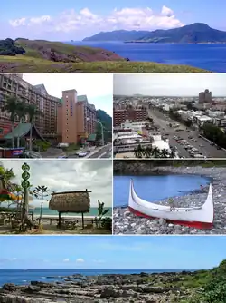 Top: View of Orchid Island, from Ji-teiwan, Second left: Zhiben Spa area, Second right: A view of downtown Taitung, Third left: View of White Sand Bay in Taimali Township, Third right: A memorial for Yami people's boat in Orchid Island, Bottom: A coast of Xiaoyeliu