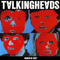 Album cover containing four portraits covered by red blocks of colour, captioned "TALKING HEADS" (with inverted "A"s) at the top and (much smaller) "REMAIN IN LIGHT" at the bottom.
