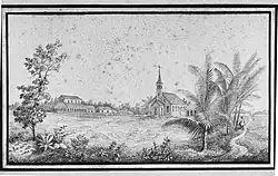 Sketch of a Surinamese plantation, showing trees in the foreground. In the background, a two-story plantation house with outbuildings appears on the left, a church just off center, and on the right is a laborer in front of the Suriname River on which is sailing a ship.