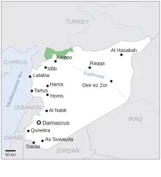 Territory controlled by the Syrian Interim Government from 2020 to November 2024 (shown in green)