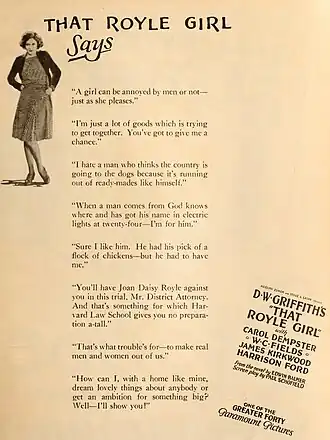 Advertisement with photo of woman with hands on hips and promotional quotes