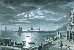 The-Harbour-And-The-Cobb,-Lyme-Regis,-Dorset,-By-Moonlight by Copplestone Warre Bamfylde died 1791