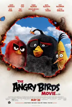 Film poster showing Red (a red bird), Bomb (a black bird), and Chuck (a yellow bird). They are covered in ash and staring at the viewer through a burnt hole. Beneath the three birds is the film's title. Above and below the poster are the film's cast and production details.