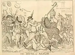 The Battle of Bangor.[ac] A satirical depiction of the altercation between Samuel Grindley, Deputy Registrar of the Diocese of Bangor, and The Right Reverend John Warren, Bishop of Bangor, by Richard Newton (1796).