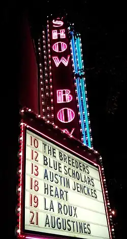 Marquee of the Showbox music venue showing the Breeders on September 10 and other bands performing that month